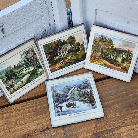 Vintage Currier & Ives Hometown Season Pictorial Collage Coaster Set Cork Back - Picture 9 of 9